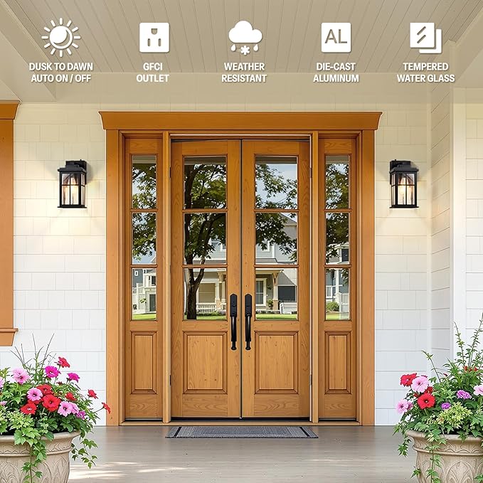 Gleamz Outdoor Porch Light with Outlet GFCI, Modern Black Exterior Lighting Fixtures Wall Mount for House Garage Coach, Waterproof Dusk to Dawn Outdoor Wall Lanterns Sconce, Outside Light with Outlet