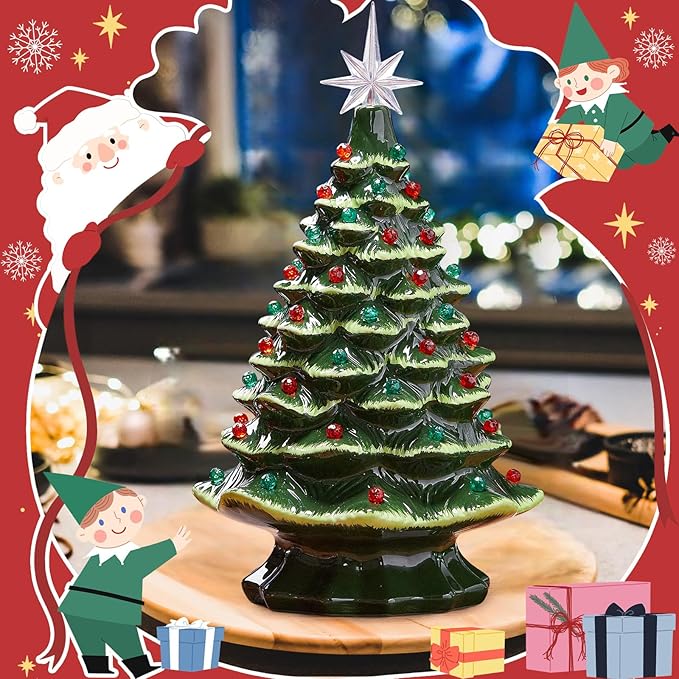 Boao 100 Pcs Ceramic Christmas Tree Bulbs with 5 Pcs Star Topper Light Ornaments Round and Heptagram Christmas Replacement Lights Bulbs for Village Xmas Tree Topper Decorations(Red and Green)