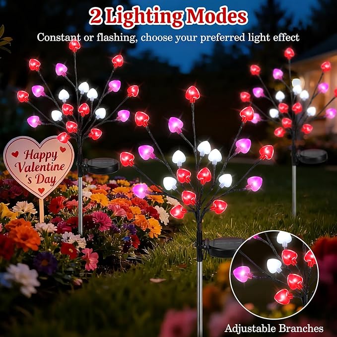 Lewondr Valentine's Day Solar Outdoor Lights, 4 Pcs Valentines Day Decorations, 20 LED Red Pink White Heart Solar Lights with 2 Modes, Waterproof Valentines Decor for Outdoor Garden Lawn Yard Pathway
