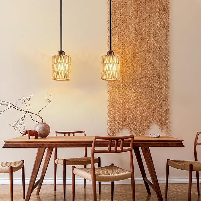 Pendant Light Boho Hanging Lamp, Rattan Hanging Lights with 2 in 1 Linen & Woven Shade, Ceiling Light Fixtures for Kitchen Island, Dining Room, Farmhouse, Bedroom (1 Pack)