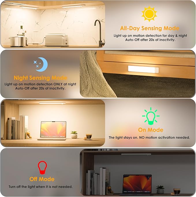 Motion Sensor Under Cabinet Lights, Magnetic Rechargeable Under Counter Closet Light, Wireless Night Light Bar Stick-On, 2-Pack, Warm White
