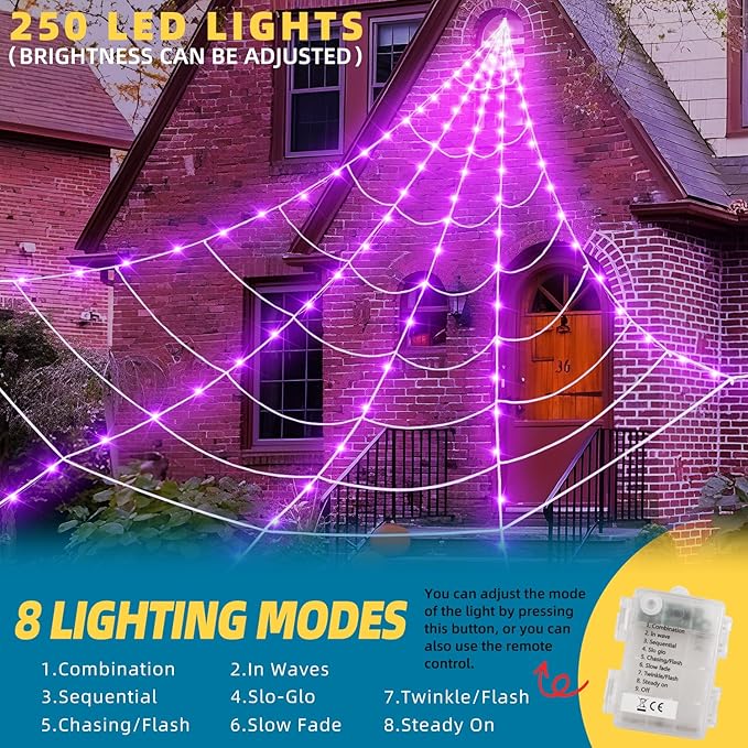 ININ Halloween 200" Spider Web Light Decorations Outdoor/Indoor with 250 LED Lights,Scary Party Decorations,Giant Light Up Spider Web,Halloween Decor for Yard/Lawn/Garden(Purple)