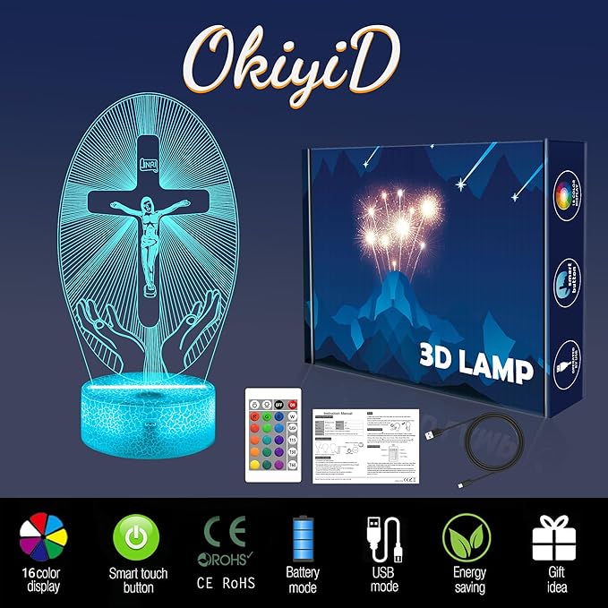 Cross 3D Illusion Lamp, Christian Gifts for Religious Women, Jesus Cross Night Light for Easter Holiday Blessed Gifts Bedroom Decoration