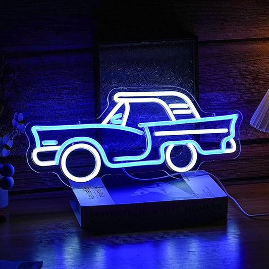 Car neon sign, Blue + White Led Signs USB Powered,For Bedroom Salon Bar Gym Garage Carpark Decor, Retro Car Led neon light sign(17.1x7.3in)