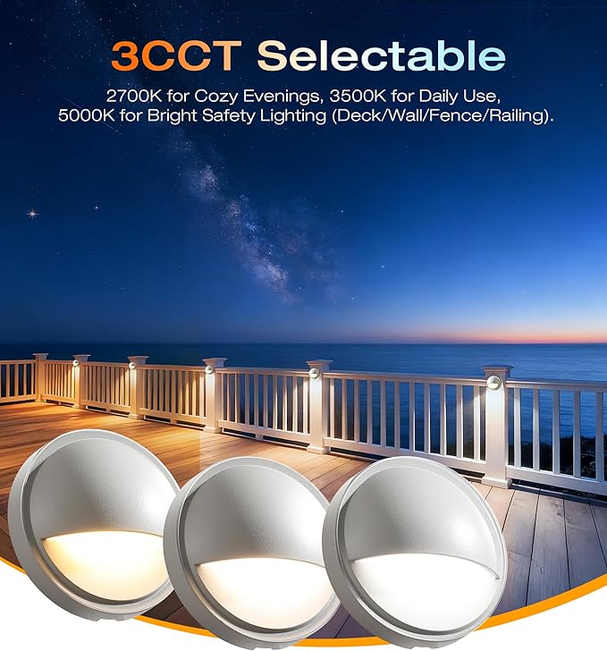 CLOUDY BAY [12 Pack] 3CCT Low Voltage LED Deck Lights Outdoor,2700K/3500K/5000K Selectable,Landscape Step Stair Railing Fence Light Wired,3W,12V-24V AC/DC Deck Lighting Fixtures,White