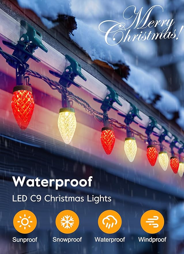 C9 LED Christmas Lights Outdoor, 99 Feet 150 LED String with Spring Clips, Waterproof Connectable Roofline Patio Home Xmas Decor, Red & Warm White