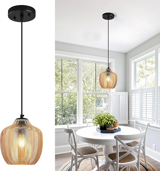 Amber Glass Pendant Lights Kitchen Island 1 Pack 6.29 in Glass Globe Pendant Light Fixture Adjustable Modern Farmhouse Pendant Lighting for Bedroom Dining Room