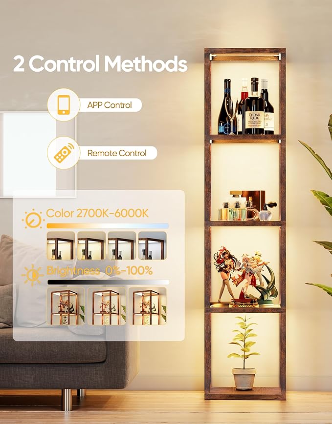 PARTPHONER Floor Lamp Glass Display Shelf with Remote/APP Control, Dimmable LED Floor Lamp with Shelves, Open Display Cabinet, Color Temp Control (2700K-6000K), Rustic Brown