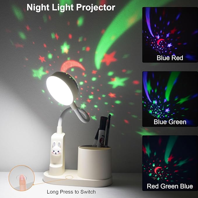 Cute Desk Lamp with Star Projector, Pink Desk Light 3 Brightness Levels Dimmable, Battery Operated, Foldable Portable Rechargeable LED Reading Lamp for Home Dorm Office Essentials Decor