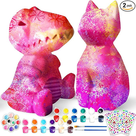 Goody King Paint Your Own Cat & Dinosaur Lamp Art Kit 2pcs, DIY Night Light, Christmas Crafts for Teens, Painting Kit for Girls Boys Age 4 5 6 7 8+, Art Supplies Cat Craft Gift for Birthday, Party