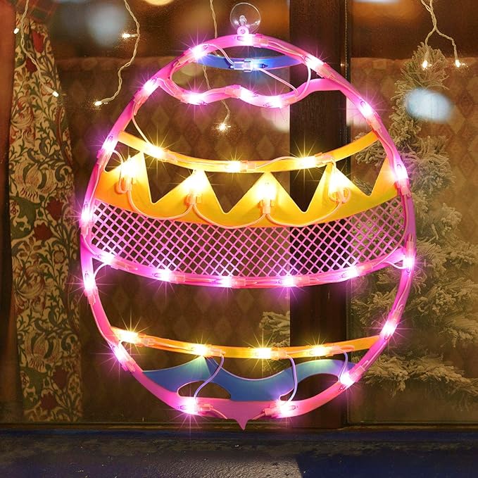 LAMPHOME 17" Lighted Pink with Yellow Chevron Stripe Easter Egg Window Silhouette