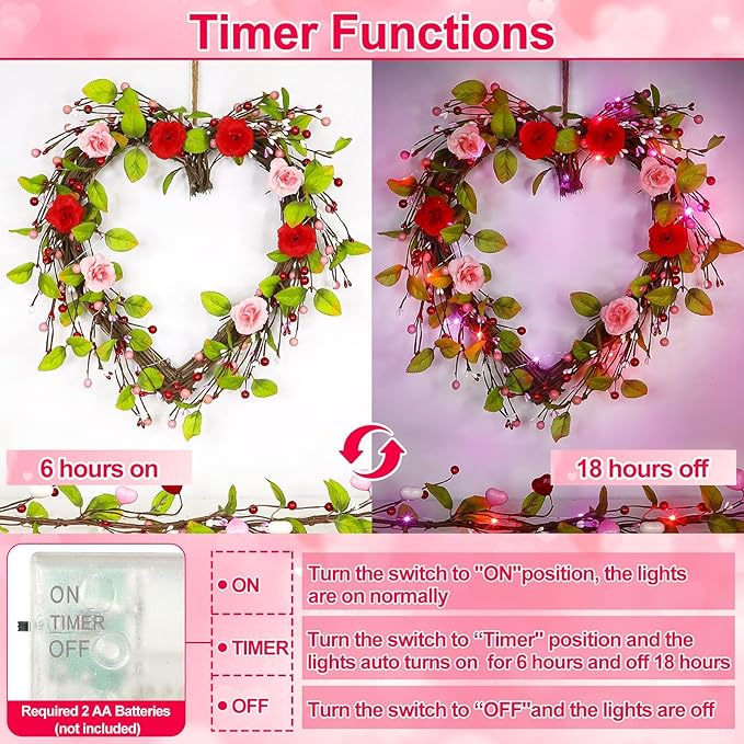 Valentines Day Wreath Decor with 20 Red and Pink Lights Timer, 18 Inch Valentines Wreaths for Front Door Rose Berry Green Leaf, Wood Heart Wreaths for Anniversary Valentines Day Decor Outdoor Indoor