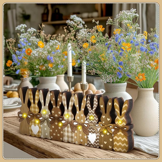Yousoontic Rustic Easter Bunny Decor with LED Lights, 9-piece Wooden Plaid Bunny Centerpiece, Farmhouse Vintage Brown Rabbit Sign for Mantel, Tiered Tray, Dining Table and Spring Home Decoration