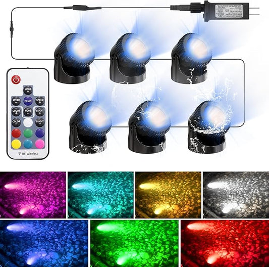 RGB Underwater Pond Lights, 20 Colors Dimmable Submersible Led Fountain Lights with Timer, IP68 Waterproof with Remote Control for Outdoor Ponds Aquarium Garden Pool (Set of 6)