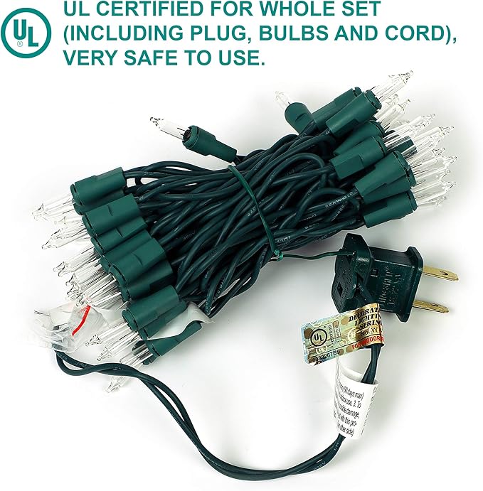 50 Christmas Mini Lights Set - 12.3 ft / 3.7 m - 120V - Clear Warm White Bulbs 2800K - Green Wire - Decor Lights for Patio Garden Wedding Holiday Christmas Tree - Indoor and Outdoor Decorative Use