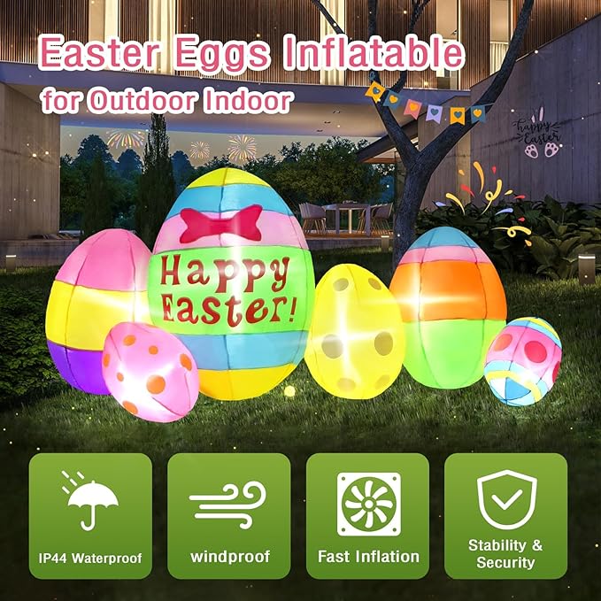Gardentime 6 FT Long Easter Eggs Inflatable Decorations Outdoor Indoor Blow Up Colorful Easter Eggs Holiday Party Decor for Yard, Lawn, Garden, Patio