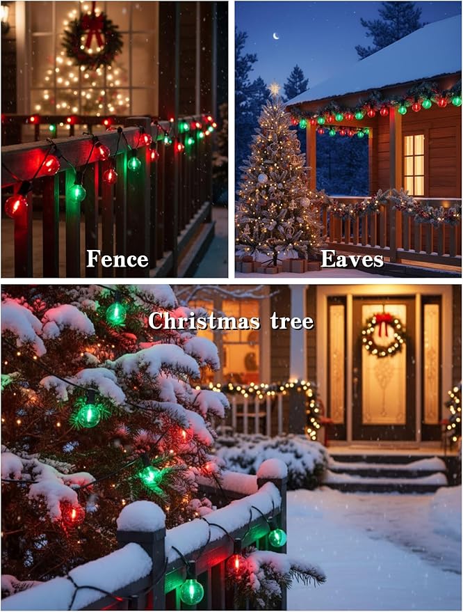 25 Pack G40 Red & Green LED Globe Replacement Bulbs, Dimmable E12 Screw Base Shatterproof Small Globe Light Bulbs for Outdoor String Lights and Indoor Outdoor Christmas String Lights & Patio Decor