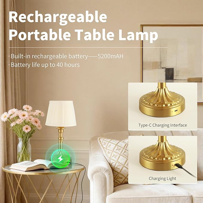 Mr.White Rechargeable Cordless Table Lamp with Fabric Shade, 5200mAh Battery Operated LED Table Light, for Restaurant Kitchen Patio Dinner Dining (Bronze)