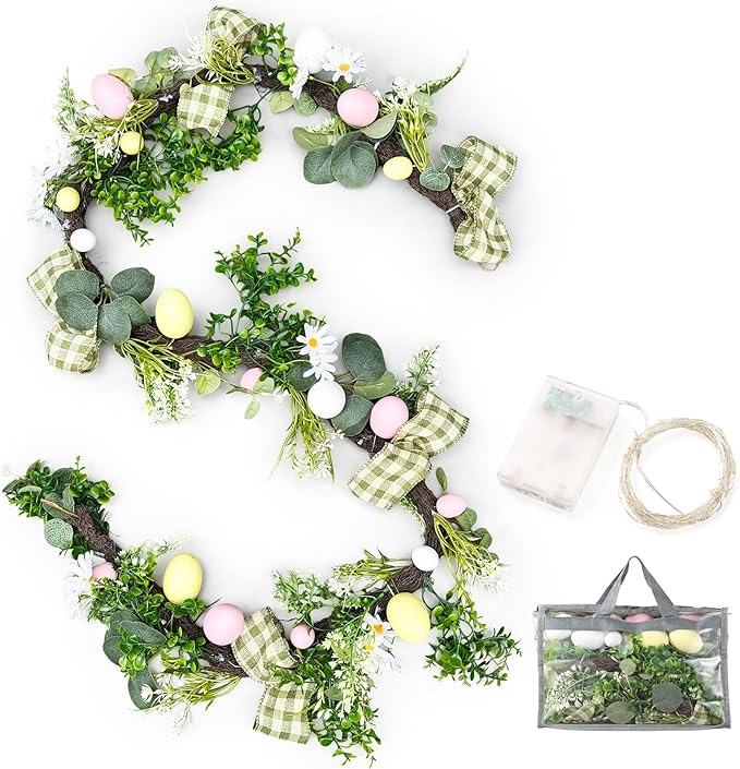 6ft Easter Garland Decorations, 2-in-1 Easter Garland-to-Wreath for Mantel, Fireplace with 18 Pastel Eggs, LED Lights and Storage Bag, Easter Decor for Front Door, Window, Table, Entryway