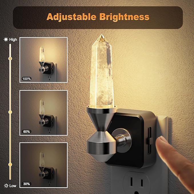 JandCase LED Night Light with Clear Quartz Healing Crystal Tower 2 Pack Dimmable Night Lights Plug into Wall, Warm Light 3000K, Dusk to Dawn Sensor Nightlights for Home Living Room Bedroom Decor