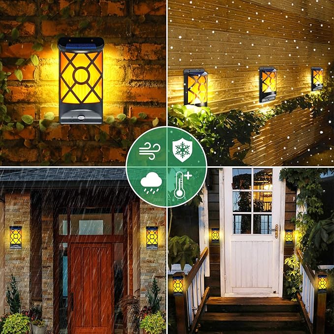 Solar Flame Lights Outdoor, Realistic 3D Flickering Flames with 66 Ultra-Bright LEDs - IP65 Waterproof Wall Mount Lanterns for Deck, Fence, Patio, Garden, Auto On/Off (4-Pack Value Set)