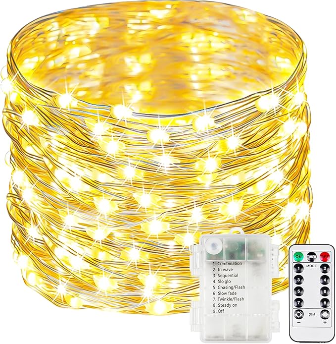 120LED 40FT Fairy Lights Battery Operated with Remote, 1 Pack Twinkle Lights Waterproof for Outdoor & Indoor, 8 Modes String Light Timer for Christmas Party Wedding Birthday Home DIY Décor(Warm White)