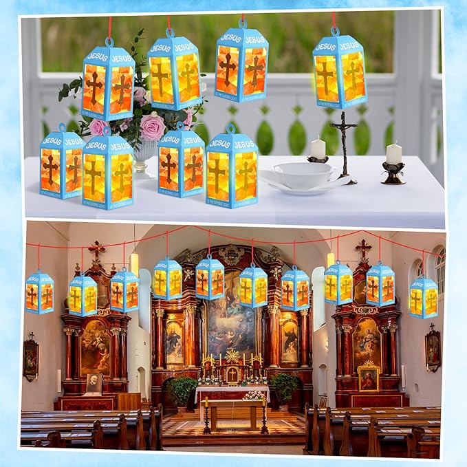 12 Sets Easter Crafts Religious Lanterns Crafts with LED Candles Lights Jesus Lights The Way Sunday School Tissue Paper DIY Oil Lamp Cross Hanging Ornament VSB Church Activity