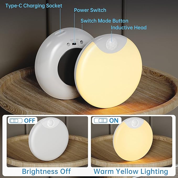 Motion Sensor Night Light,LED Rechargeable Indoor Night Lights,Magnetic Cabinet Light Closet Light for Kitchen Bedroom Bathroom Stairs 6 Pack (Warm Lamp)