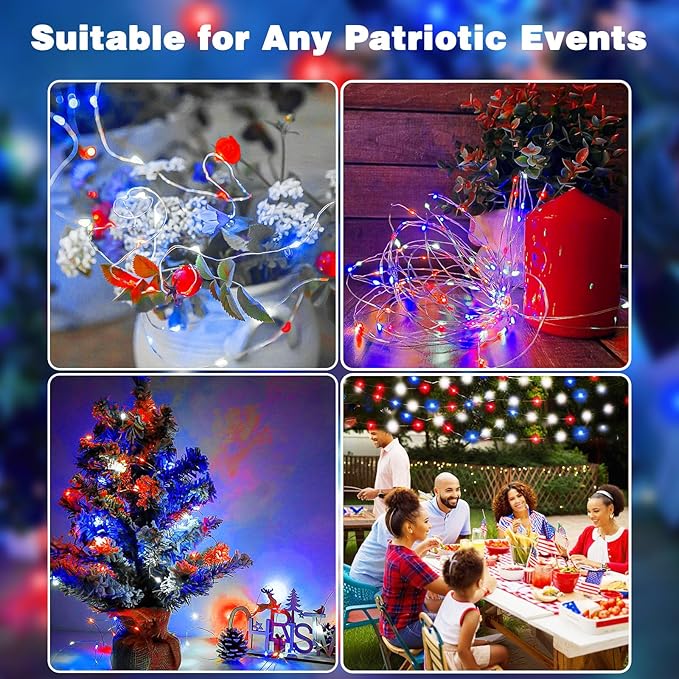 4th of July Decoration Lights, 3 Pack Red White and Blue Fairy Lights Battery Operated with Timer & Remote, Waterproof Patriotic Light Indoor Outdoor 8 Modes for Independence Day Memorial Day Decor