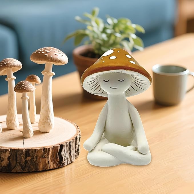 Meditation Mushroom Resin Statue - Cute Yoga Meditation Mushroom Statue for Desk Living Room Resin Figurine for Home Patio Office Decor Cute Plant Statues for Tabletop Garden Backyard Decor