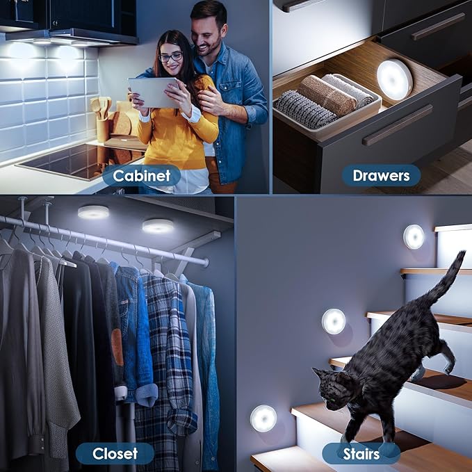 Motion Sensor Puck Light with Remote, Wireless Dimmable Under Cabinet Lighting, Rechargeable Magnetic Closet Night Light, 8-Pack, Cool White