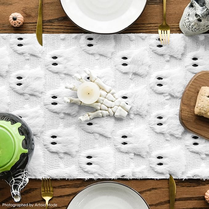 Artoid Mode Ghost Soft Plush Faux Fur Jacquard Halloween Table Runner, Holiday Kitchen Dining Table Decoration for Home Party Decor 13x60 Inch