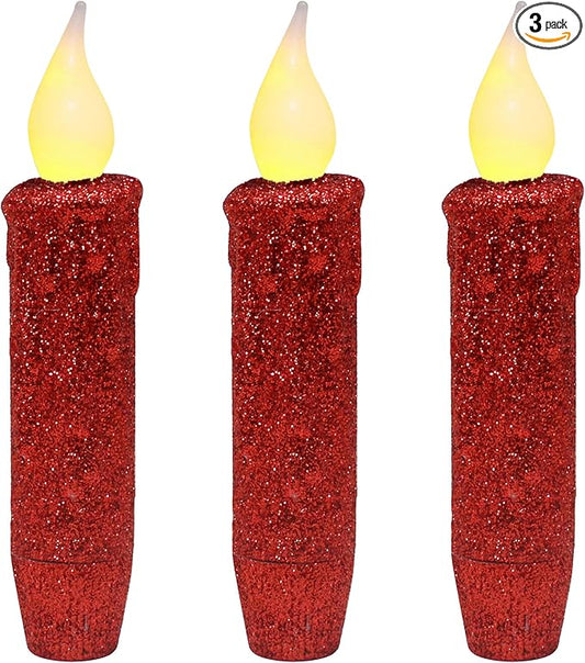 CVHOMEDECO. Glitter Flameless Candles Flickering Battery Operated LED Taper Candles with Timer for Home, Wedding, Halloween, Christmas Decor. Red, 4-3/4 Inch, Set of 3