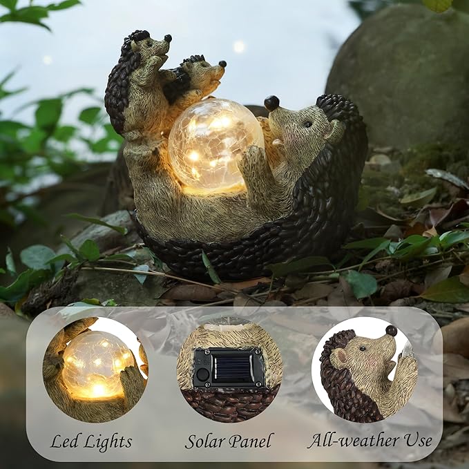 Solar Hedgehog Statue with Ball Lamp, 9x5x9 Inch Outdoor Garden Decor, Cute Resin Animal Figurine for Yard Pathway & Patio Lighting