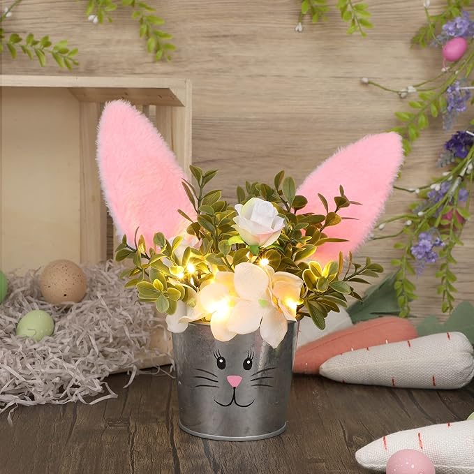 Prsildan Easter Table Decorations Artificial Flower with Bunny Ear, Lighted Desk Decor Bunny Flowers, Easter Tabletop Decorations for Home Table Mantle Office Spring Party