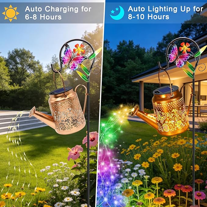 ANGMLN Butterfly Solar Lights Outdoor Waterproof, Birthday Gifts for Mom Grandma Women, Solar Watering Can Lights with Shepherd Hook, Metal Hanging Lantern Garden Decor Yard Outside Patio Lawn