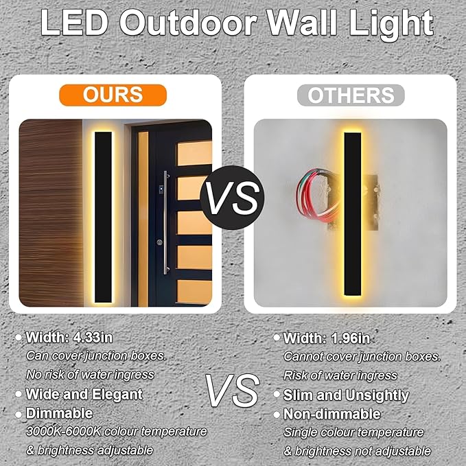 Picico 24in Modern Outdoor Lights,4.33 Inch Wide IP65 Waterproof Long Exterior Light Fixtures Wall Mount,Dimmable Linear Outdoor LED Wall Sconce,Outside Lighting for Garage,Front Door