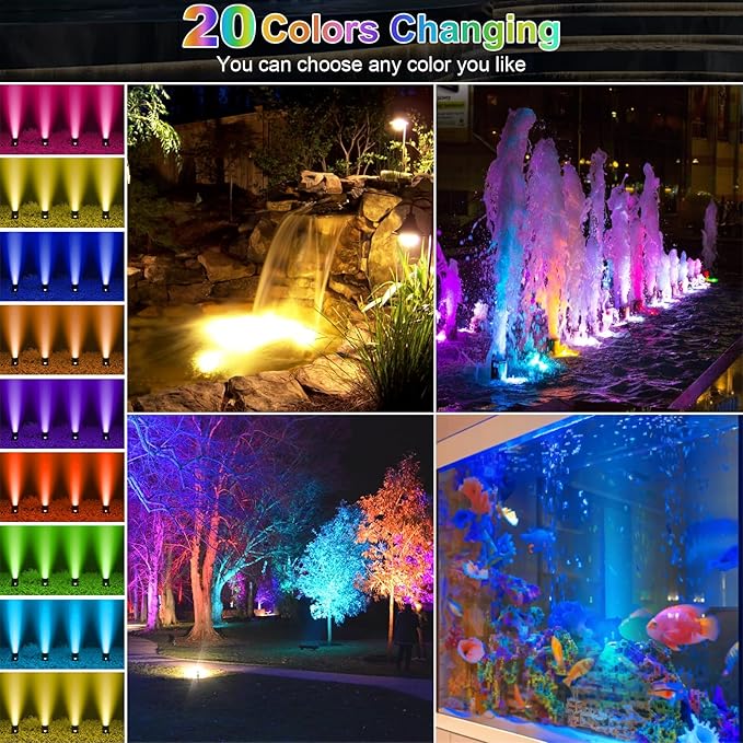 RGB Underwater Pond Lights, 20 Colors Dimmable Submersible Led Fountain Lights with Timer, IP68 Waterproof with Remote Control for Outdoor Ponds Aquarium Garden Pool (Set of 6)