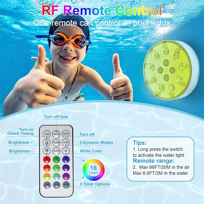 2 Pack Rechargeable Pool Lights for Above Ground Pools, 16 Colors Floating Pool Lights with RF Remote, Submersible led Lights Shower Lamps Decoration Spa, Fountain, Bath, Party