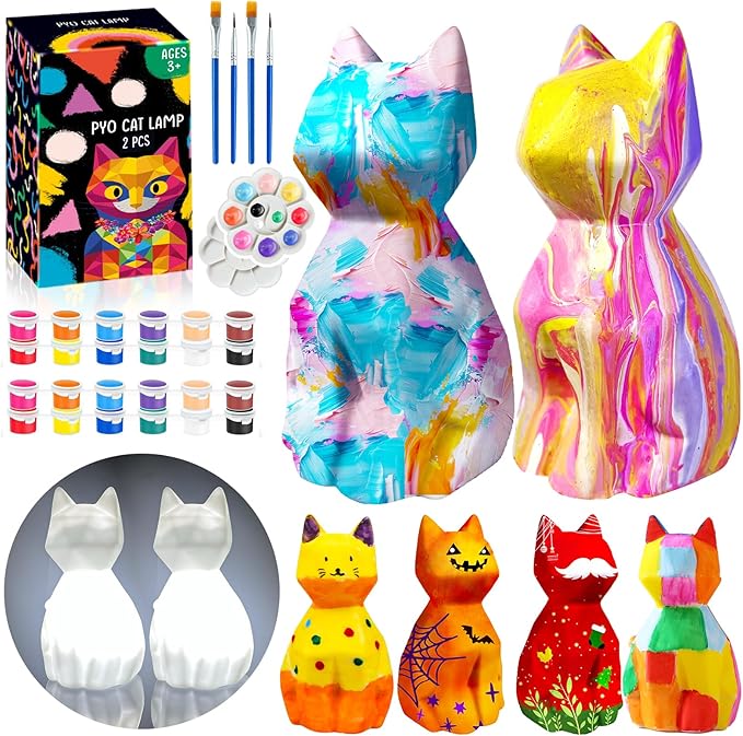FUNZBO 2pcs Paint Your Own Cat Lamp - Arts and Crafts Supplies Kitten Painting Kits for Kids Teens, DIY Night Light Toy for Toddlers Girls Boys Ages 3 4 5 6 7 8 9 10 11 12 13 Christmas Birthday Gifts