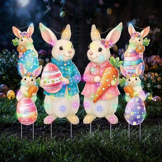 Bencailor 4 Pcs Easter Outdoor Decorations Bunny Yard Stake Signs with LED Light Large Rabbit Party Supplies Lawn Decorations for Spring Easter Outdoor Lawn Garden Patio Walkway Wedding Stand Decor