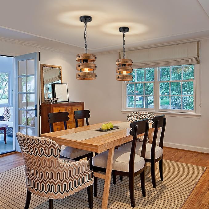 Farmhouse Dining Room Light Fixture, Retro Industrial Metal and Wood Chandelier, Rustic Pendant Lights Kitchen Island for Foyer Hallway Bar Restaurant, D 7.9" x H 8.7"