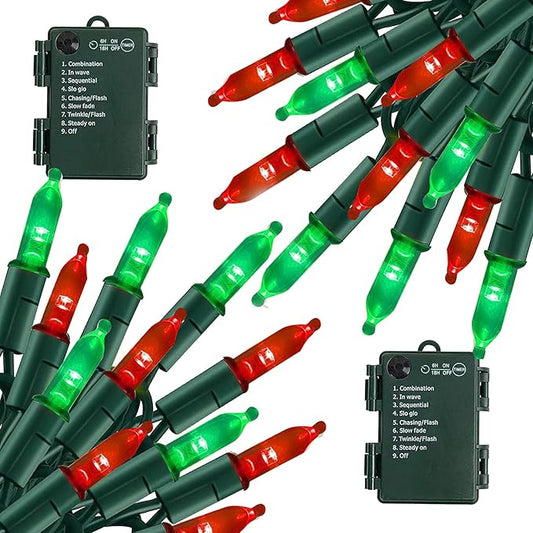 TW SHINE Battery Operated Christmas Lights, 2 Pack Total 100 LED 32 FT Battery Operated String Lights with 8 Modes, Xmas Lights for Outdoor Indoor Wedding Party Home Decorations, Red & Green