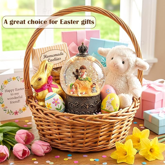 Empty Tomb Easter Scene and Cross Decoration Easter Snow Globe Easter Decorations for Home Music Christian Gifts with 6H Timer USB/Battery Powered 105mm Globe