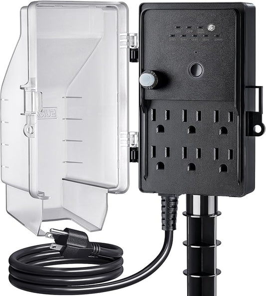 SURAIELEC Outdoor Power Stake Light Timer, Dusk to Dawn, 6 Electrical Outlet Power Strip Weatherproof, 6FT Extension Cord Multiple Outlet for Patio Lights, Sprinkler, Garden, Christmas Decorations