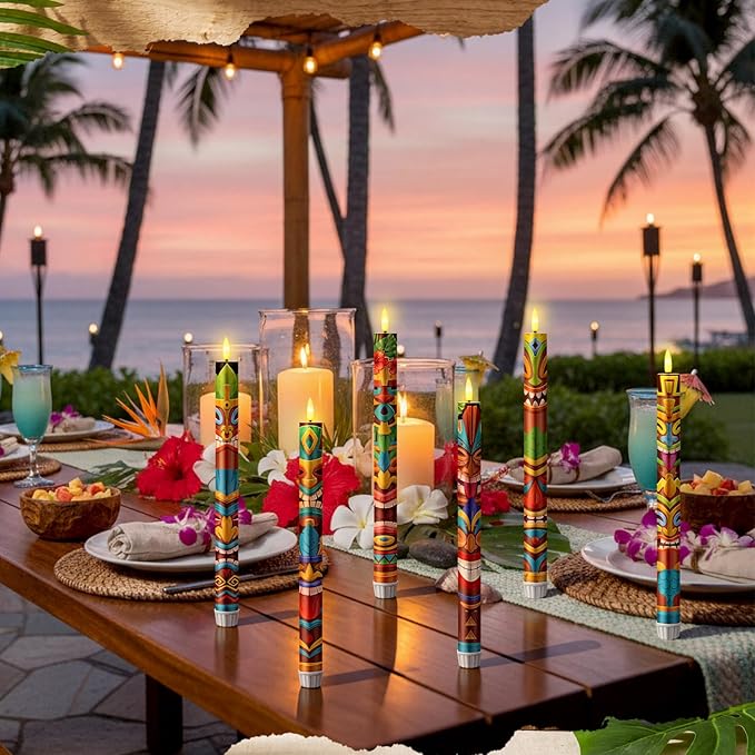 6 Pcs Tribal Tiki Flameless Candles Hawaiian LED Flameless Candle Set Battery Operated Taper Flickering Candles Luau Celebration with Remote for Summer Holiday Tiki Bar Party Table Decor Gift