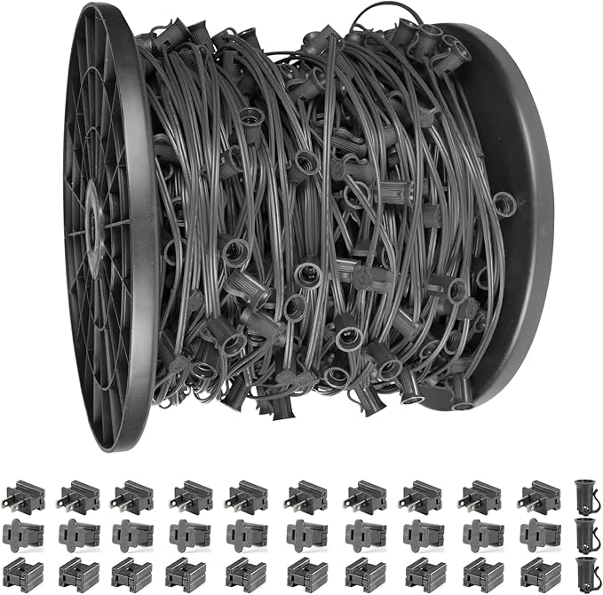 500FT C7 Light String Christmas Stringer, E12 Christmas Sockets 12" Spacing, C7 Stringer Set Green Outdoor String Light for Wedding Patio Event Lighting Decor, Black Wire