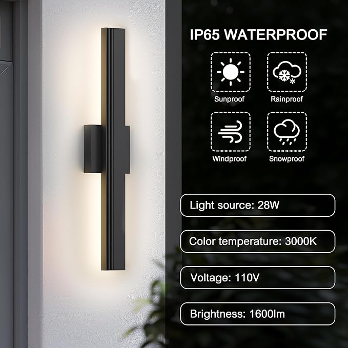 LamQee 23.6 In Aluminum Long Outdoor Wall Light, 3000K 1600LM Integrated LED Waterproof IP65, Linear Modern Exterior Lighting Fixtures Wall Mount Outside Sconce for House Porch Patio Garage Front Door