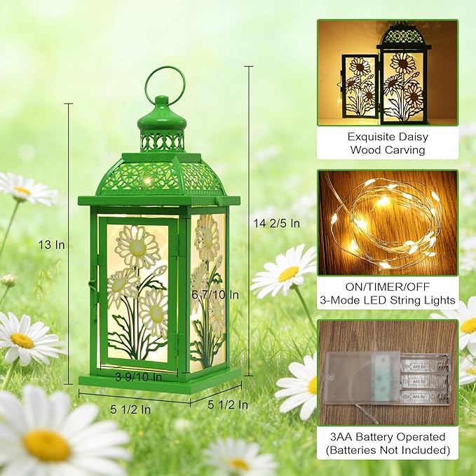DECORKEY Spring Decorations for Home, 14.4" Decorative Daisy Green Lantern with 61" LED Lights(No Battery) for Home Indoor Outdoor Decor, Hanging Metal Candle Holders for Spring St.Patrick’s Day Gift