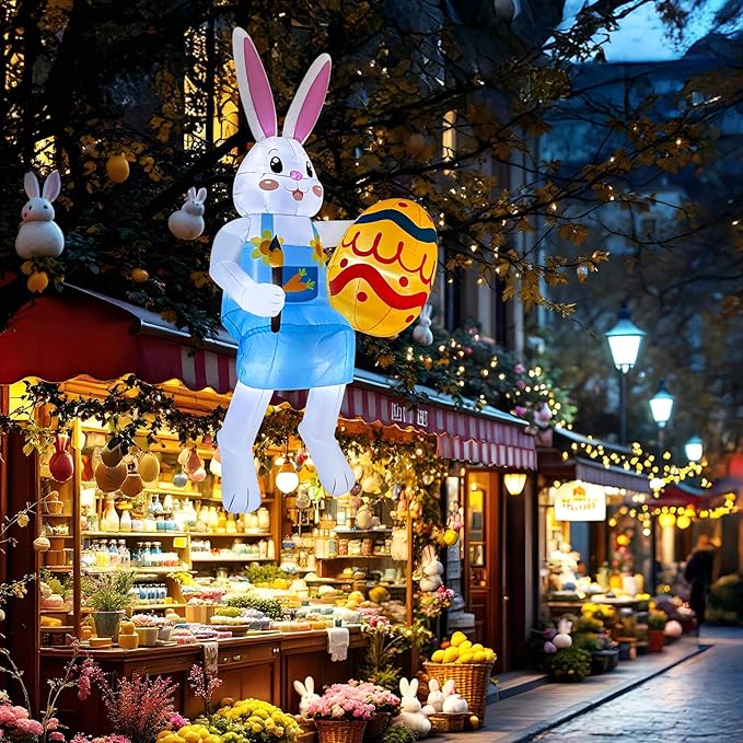 8FT Easter Inflatables Outdoor Decorations Sitting Inflatable Bunny Decor, Inflatable Eggs Decor with LED, Easter Blow Ups for Outside Roof Yard Shop Garden